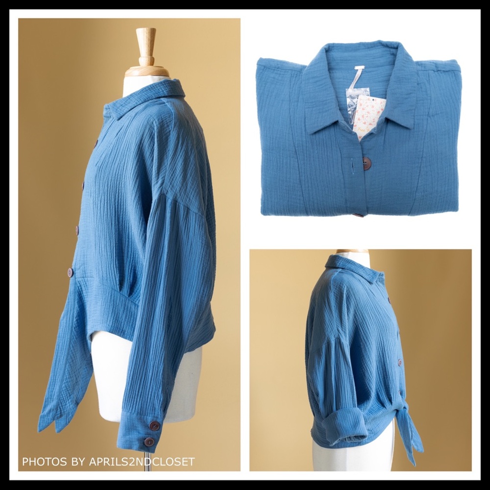 FREE PEOPLE BOHO BUTTON DOWN SHIRT CROP TOP A2C - Picture 14 of 16